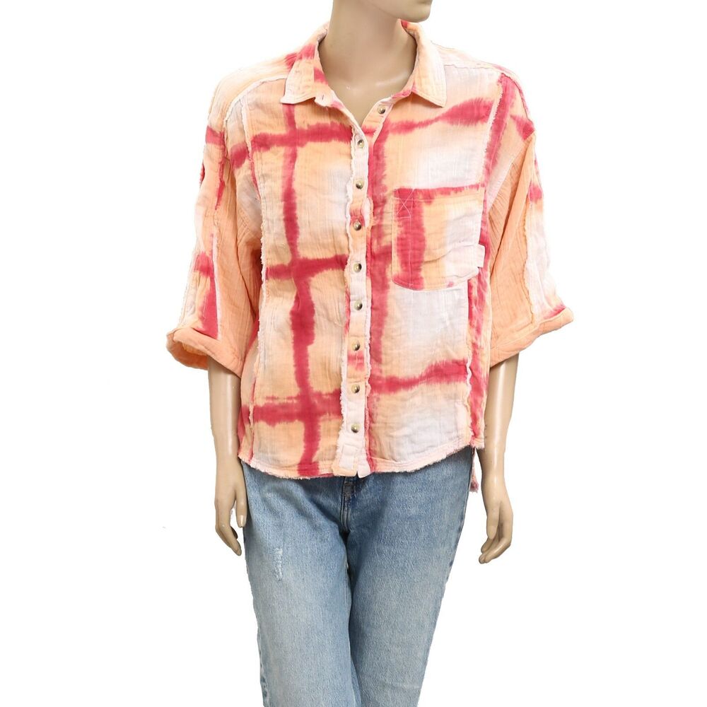 Free People We The Free Buttondown Shirt Blouse Top Tie & Dye Printed XS 280062